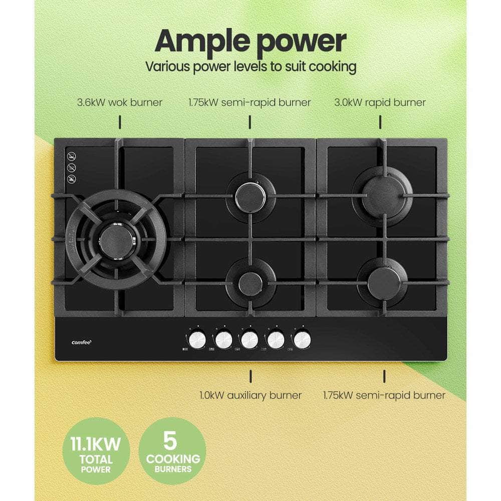 Comfee 90cm Gas Cooktop 5 Burner Kitchen Gas Hob Cook Top Trivets Stove NG LPG, Black