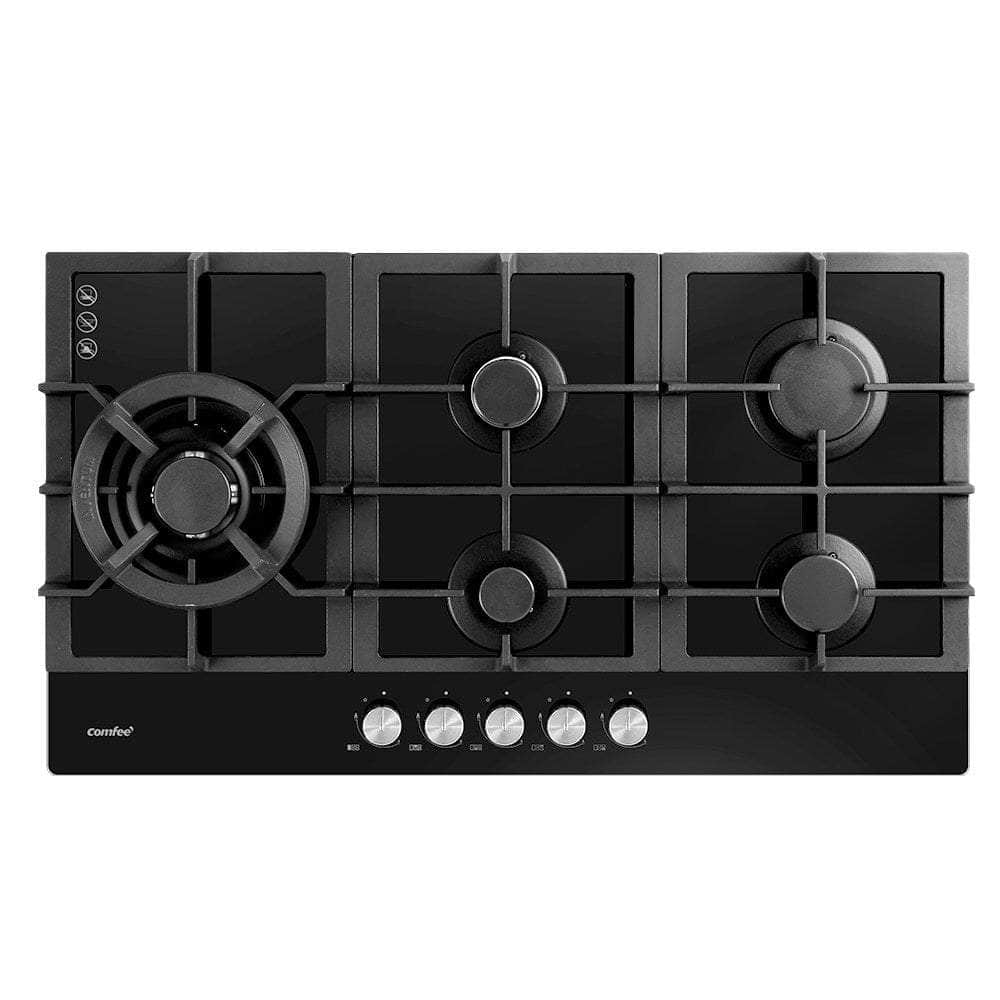 Comfee 90cm Gas Cooktop 5 Burner Kitchen Gas Hob Cook Top Trivets Stove NG LPG, Black