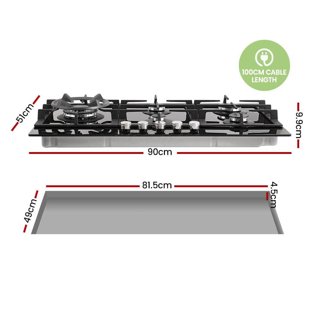 Comfee 90cm Gas Cooktop 5 Burner Kitchen Gas Hob Cook Top Trivets Stove NG LPG, Black