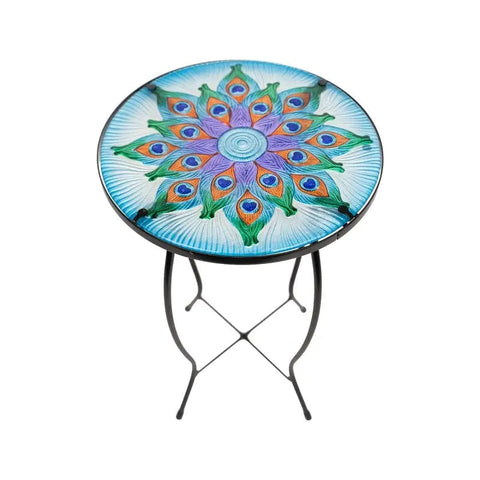 Comfy Hour Metal Art Peacock Glass Patio Side Table for Garden Decoration and Plant Support