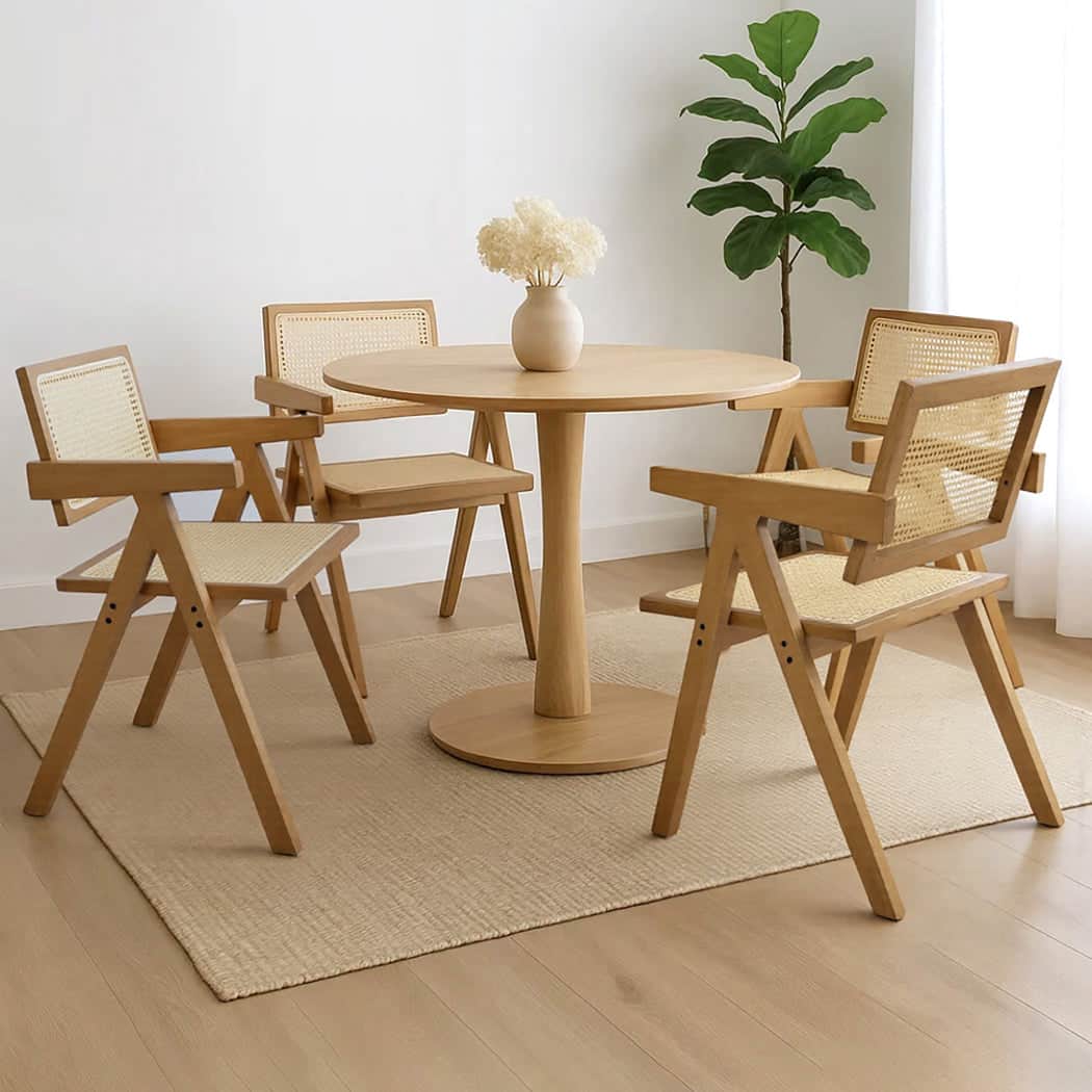 Compact 4x Dining Chair Solid Wood Rattan  Space-Saving Design