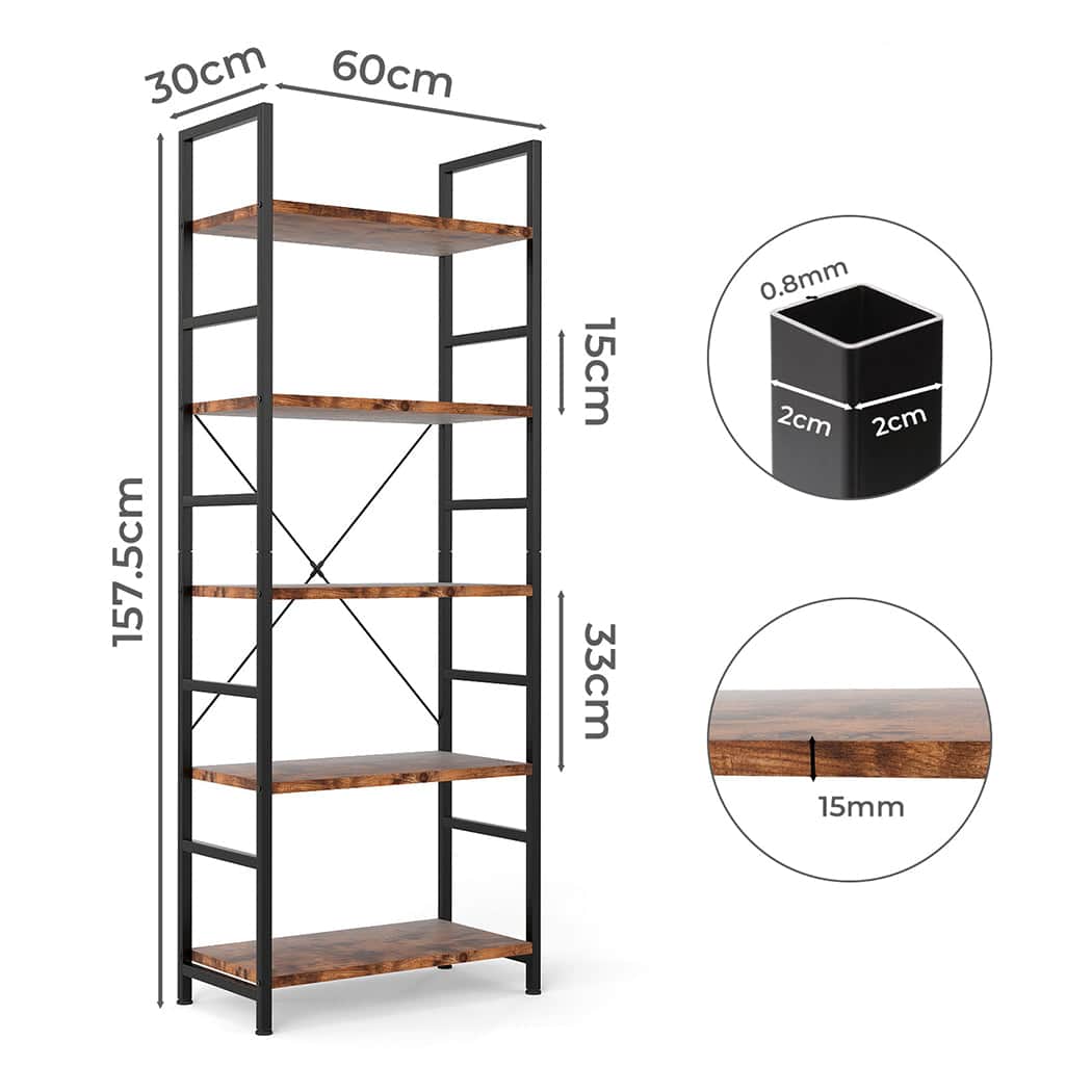 Compact 5-Tier Industrial Bookshelf Bookcase 157.5cm  Sleek Modern