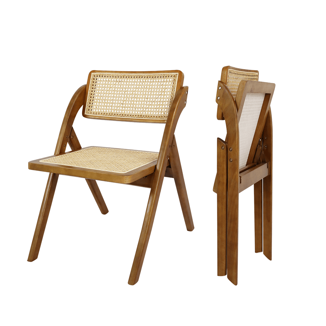 Compact 8X Foldable Rattan Dining Chairs  Wood Finish Classic
