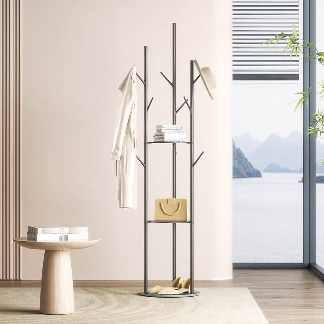 Compact Coat Rack Clothes Stand 8 Hook Organizer Black  Space-Saving