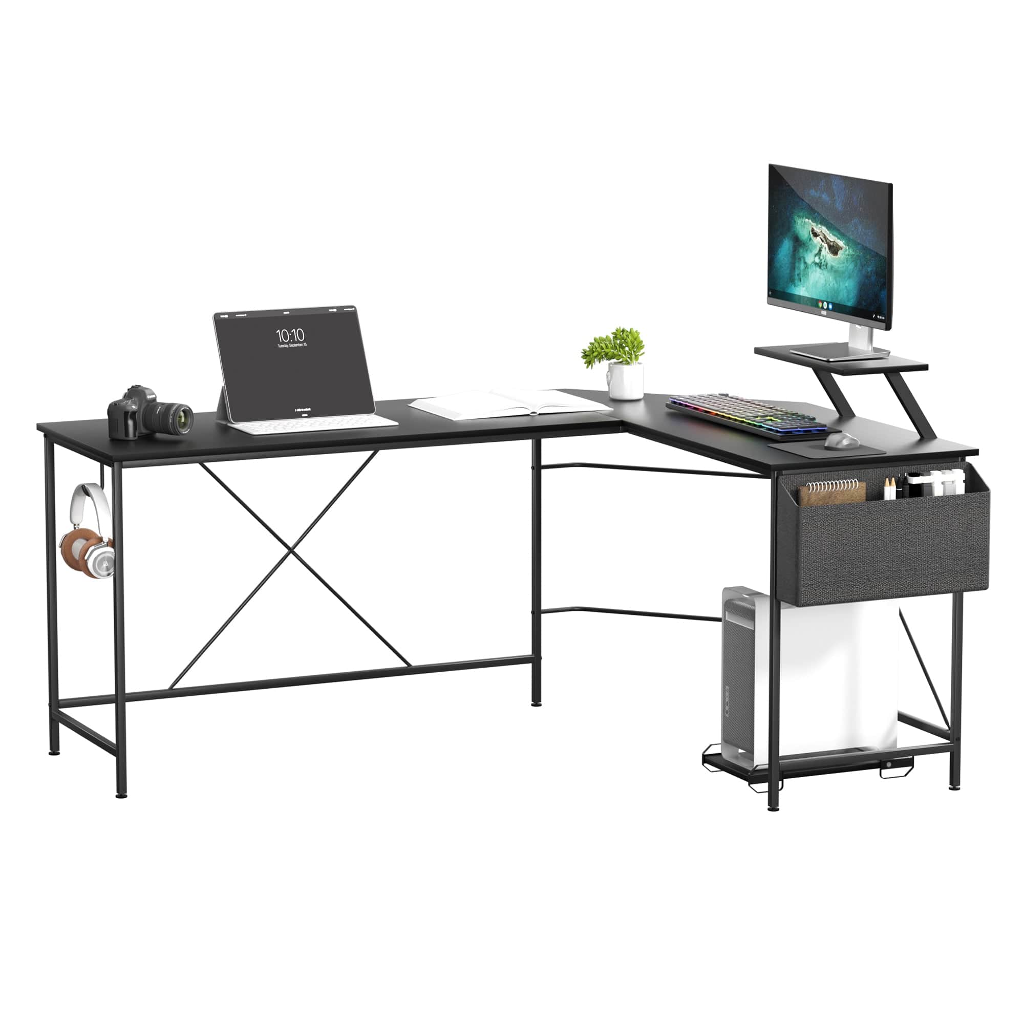 Compact Computer Desk Corner Desk Black  Adjustable Height Classic