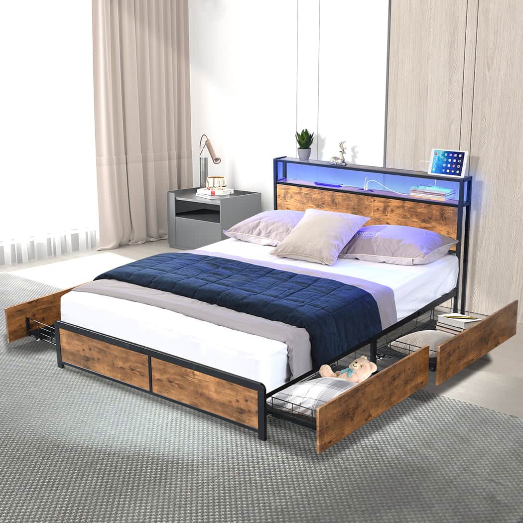 Compact Double Bed Frame RGB LED 4 Drawers USB  Premium Quality Build