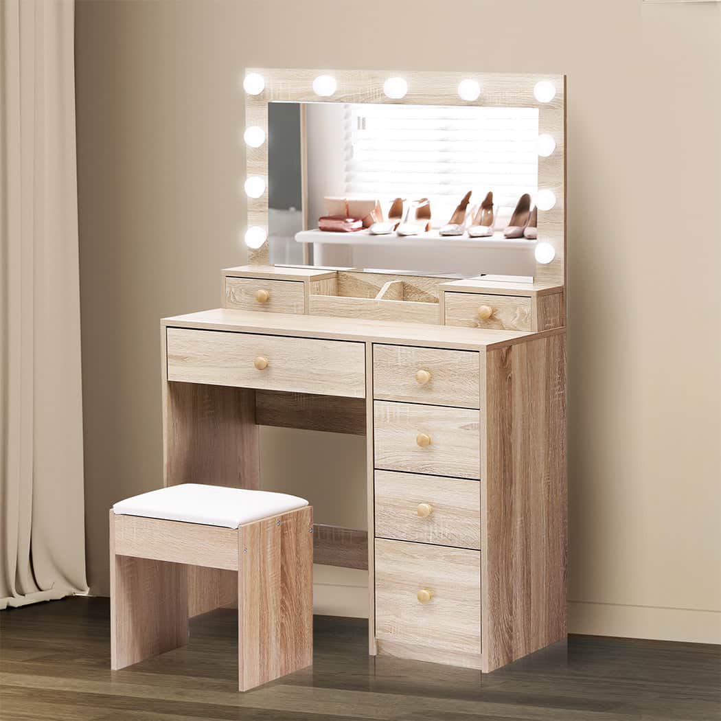 Compact Dressing Table Stool Set Oak  Soft Cushion Classic Durable