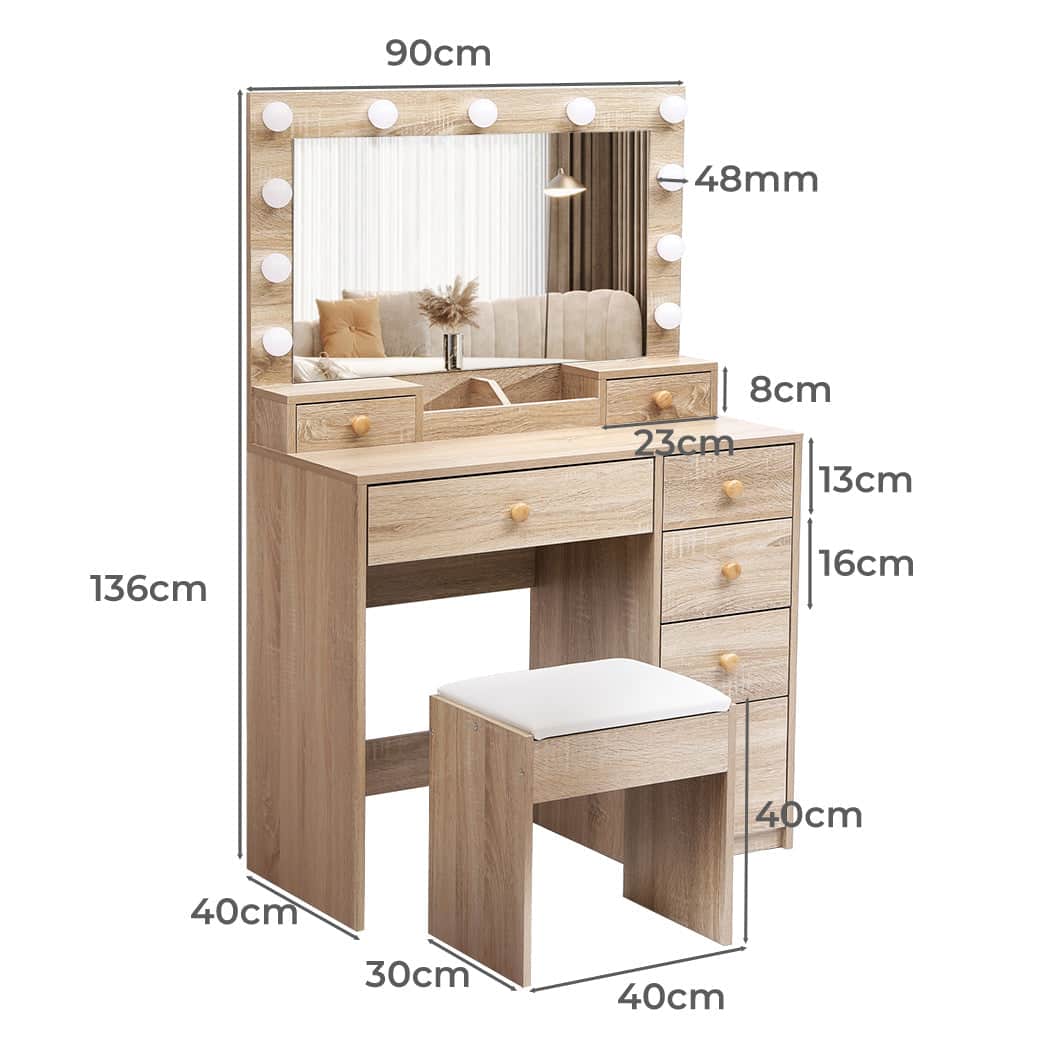 Compact Dressing Table Stool Set Oak  Soft Cushion Classic Durable