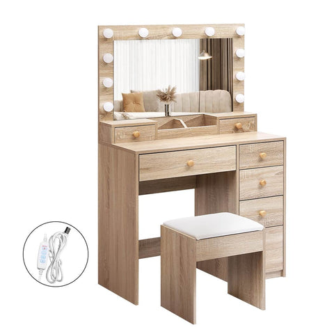 Compact Dressing Table Stool Set Oak  Soft Cushion Classic Durable