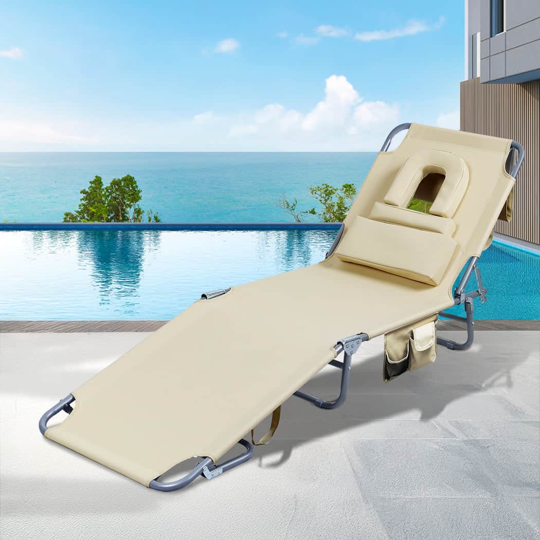 Compact Foldable Beach Lounge Chairs with Face Hole Khaki  Scandi