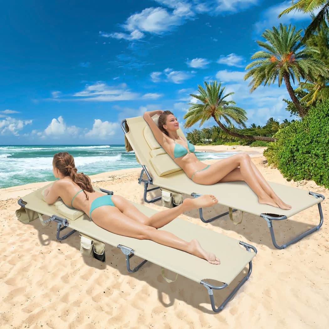 Compact Foldable Beach Lounge Chairs with Face Hole Khaki  Scandi