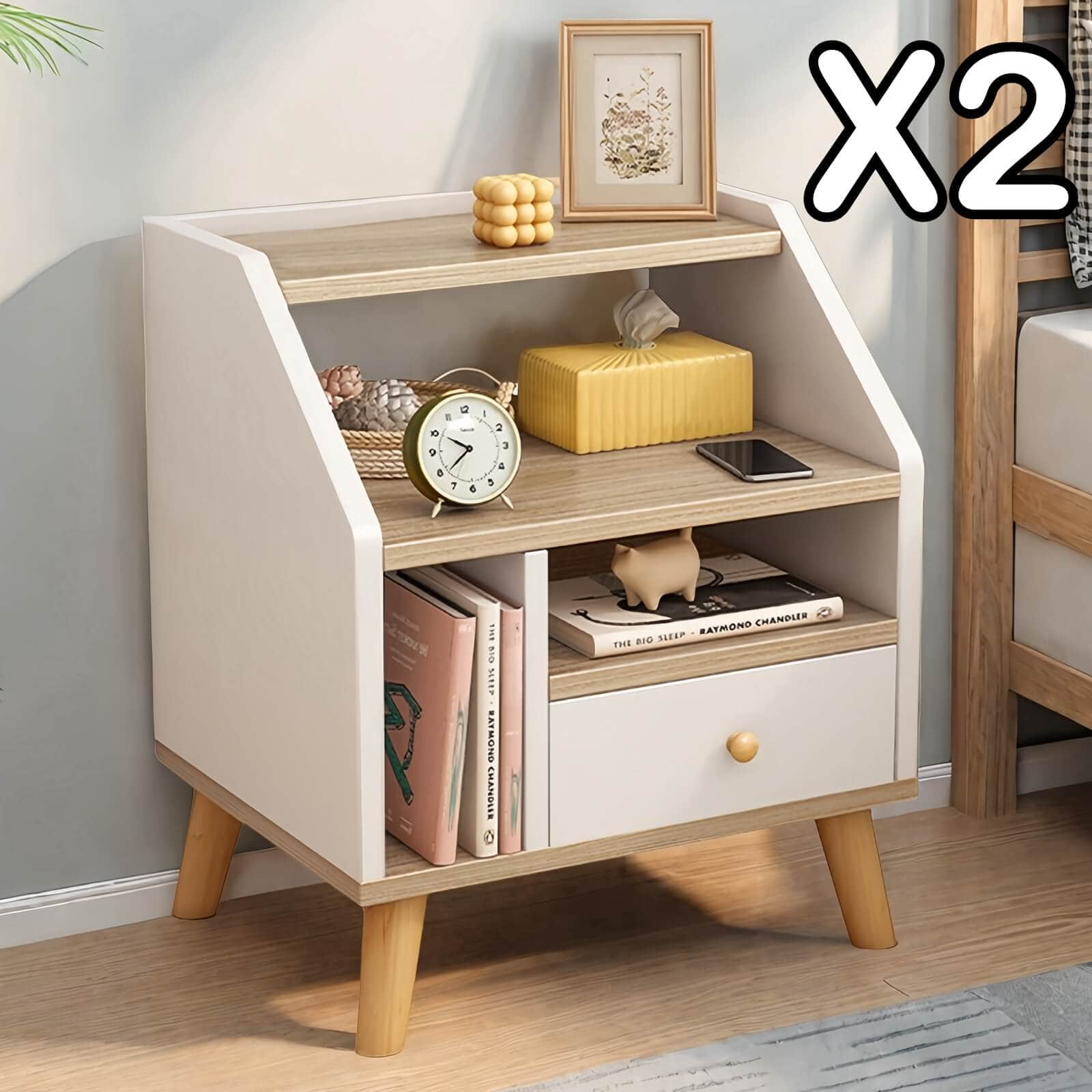 Compact Nightstand Wooden Legs Open Shelves Side Compartment White Wood Design