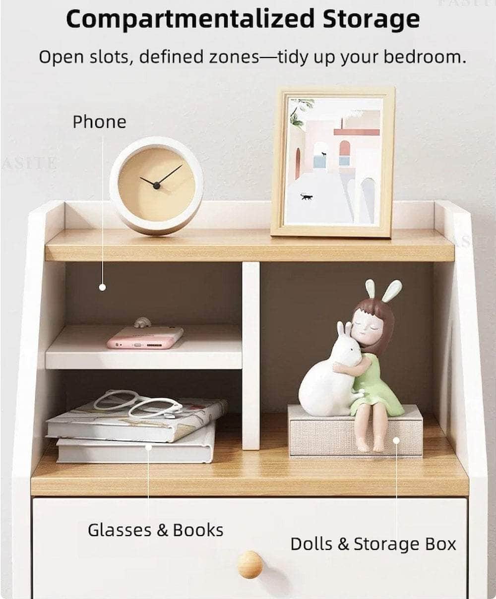 Compact Nightstand Wooden Legs Open Shelves Side Compartment White Wood Design