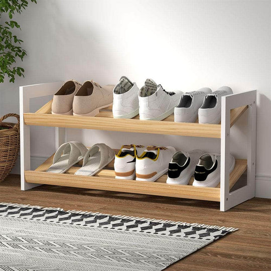 Compact White Shoe Rack - 2 Tier, Wooden Kara