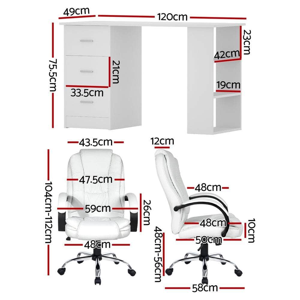 Computer Desk 120cm Executive Office Chair Set PU Leather High Back