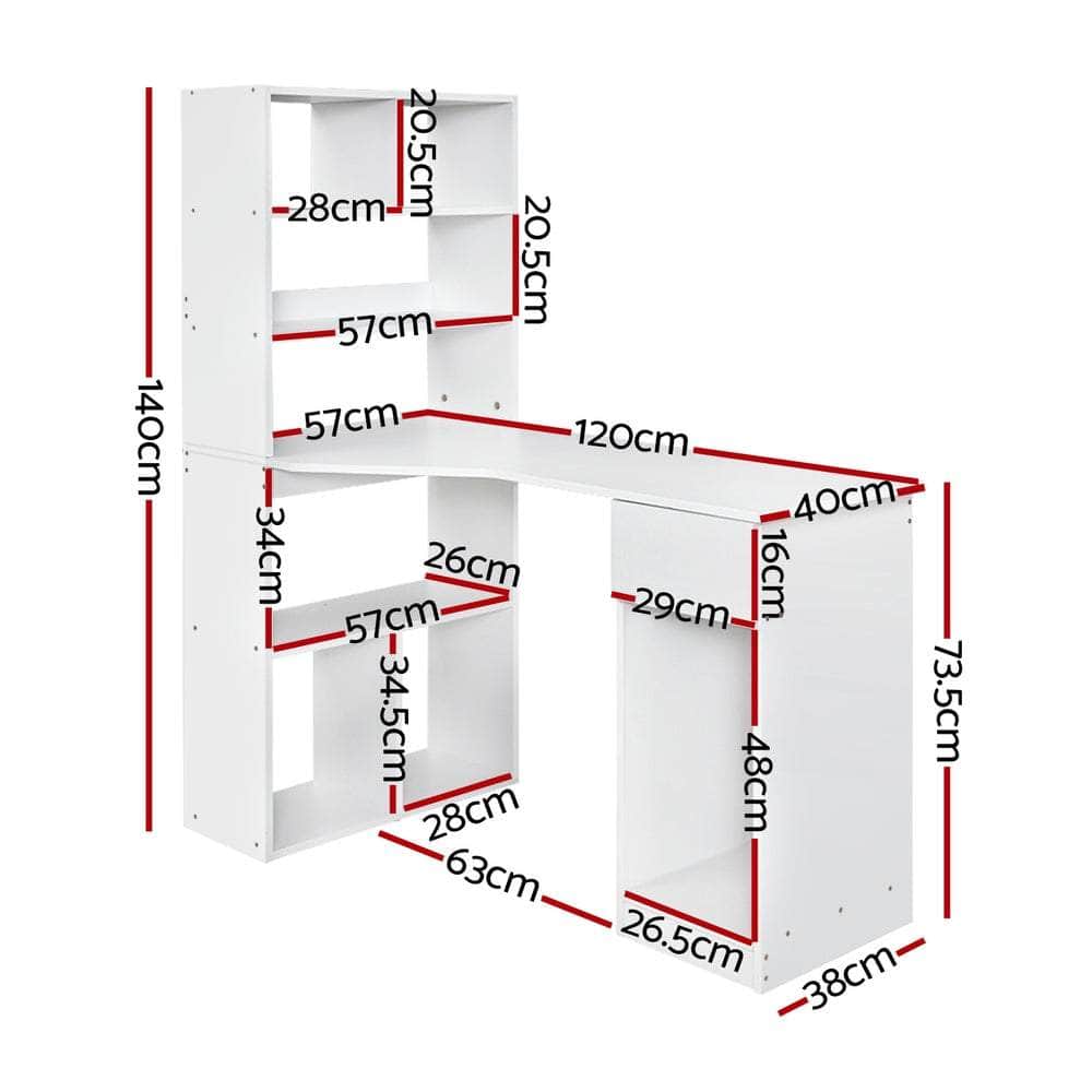 Computer Desk Bookshelf Drawer Cabinet White 120Cm