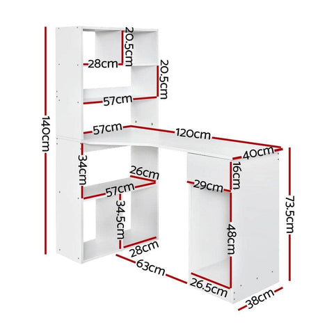 Computer Desk Bookshelf Drawer Cabinet White 120Cm