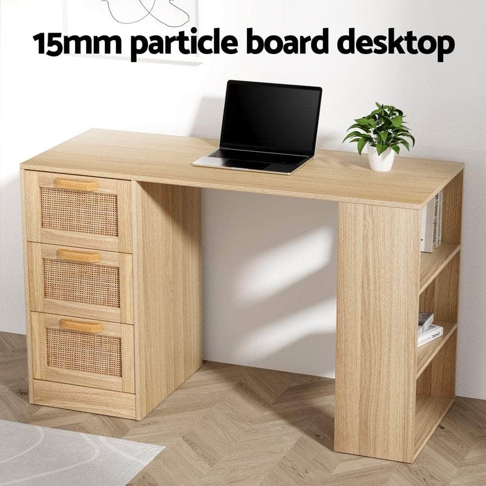 Computer Desk Drawer Shelf Home Office Study Table Rattan Oak 120CM