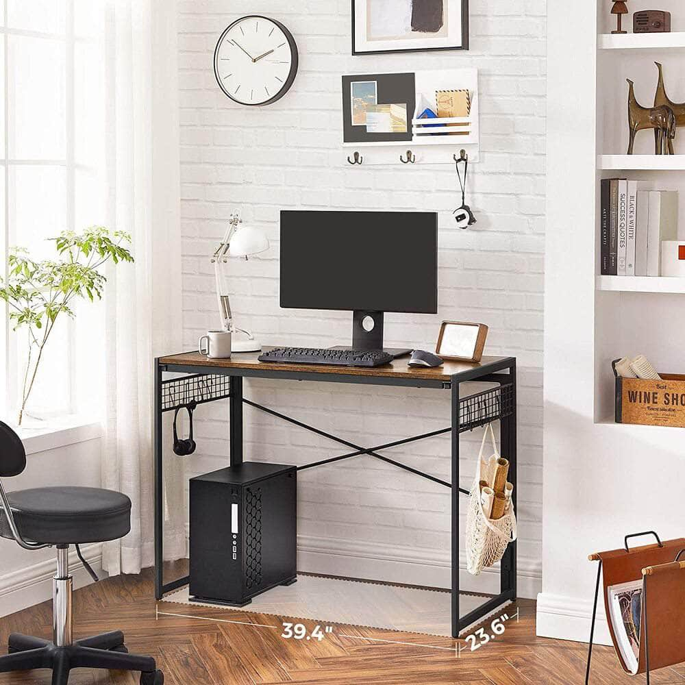 Computer Desk Folding Writing Desk with 8 Hooks Rustic Brown and Black