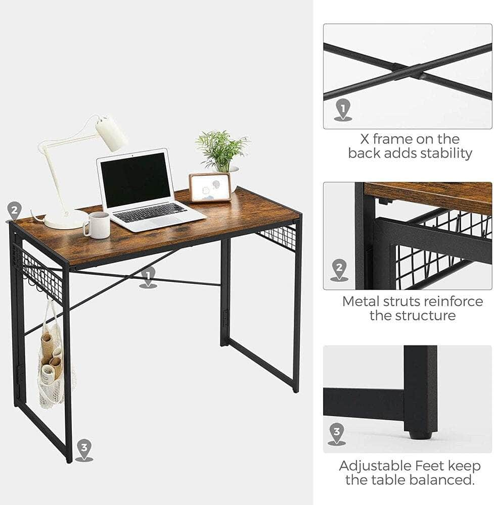 Computer Desk Folding Writing Desk with 8 Hooks Rustic Brown and Black