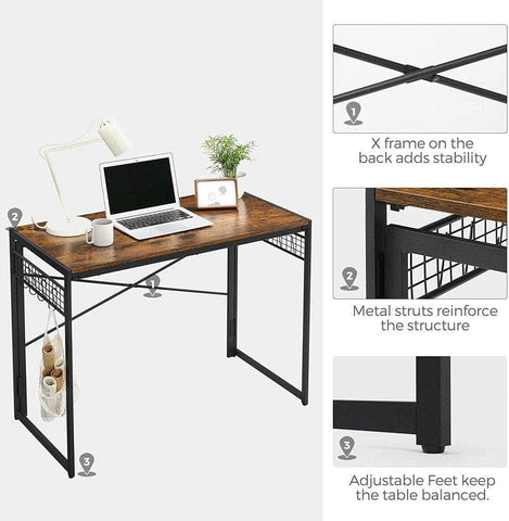 Computer Desk Folding Writing Desk with 8 Hooks Rustic Brown and Black