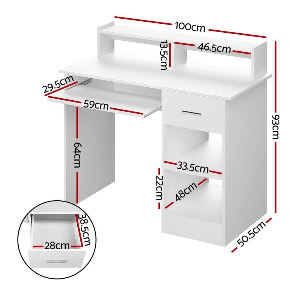 Computer Desk Shelf Drawer Cabinet White 100Cm