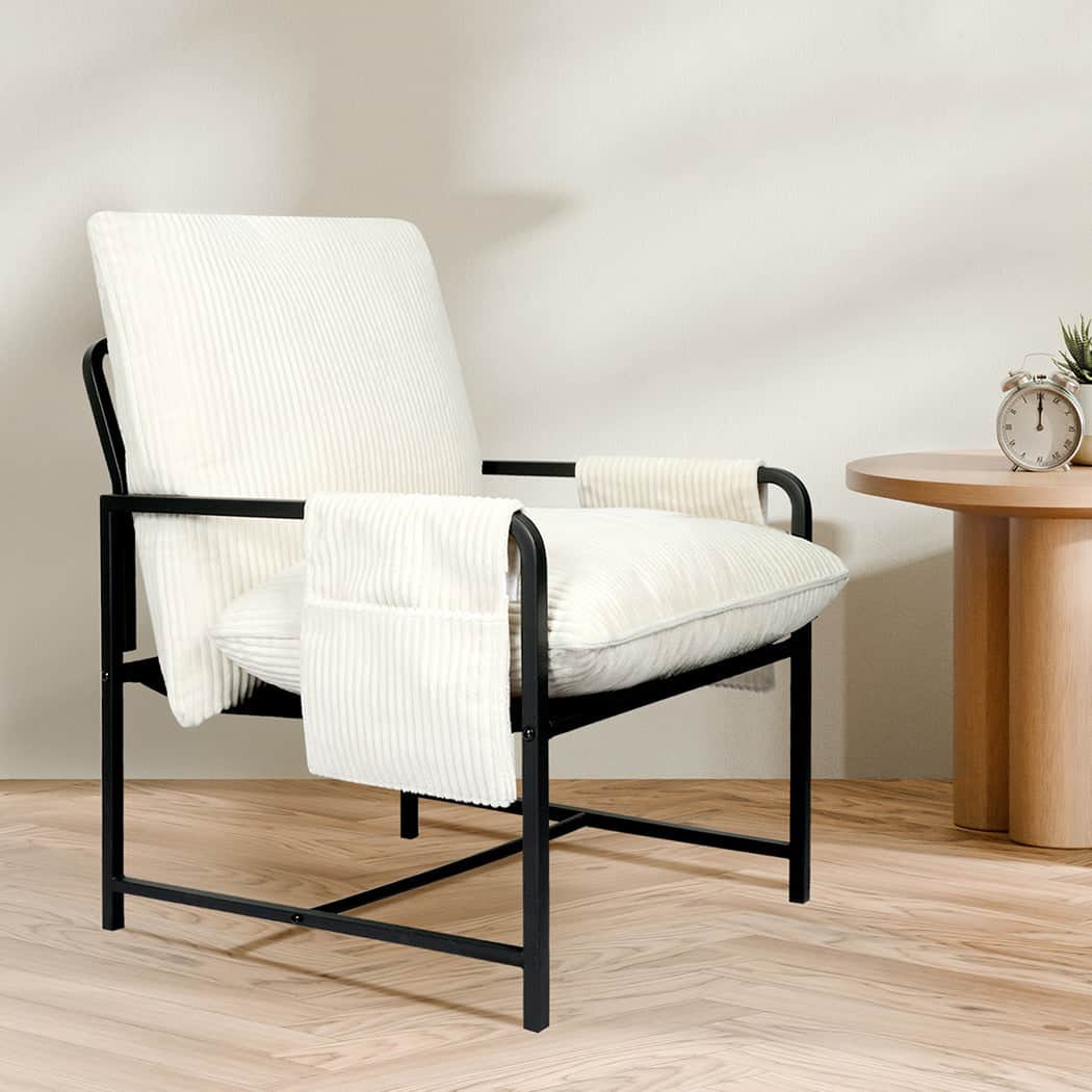 Contemporary Metal Framed Lounge Chair Corduroy in Beige  Classic