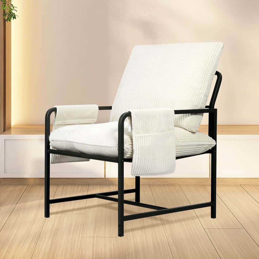 Contemporary Metal Framed Lounge Chair Corduroy in Beige  Classic