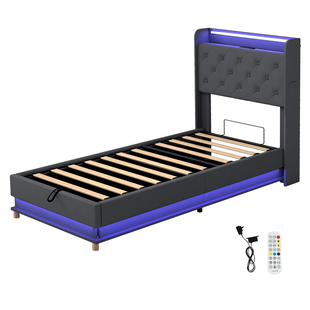 Contemporary Single Bed Frame Gas Lift Storage LED Light USB  Soft