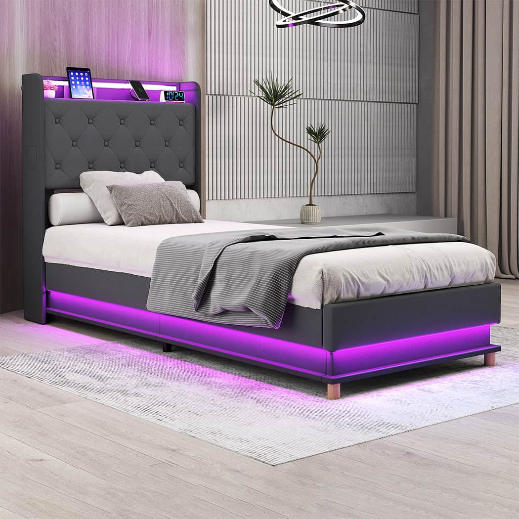 Contemporary Single Bed Frame Gas Lift Storage LED Light USB  Soft