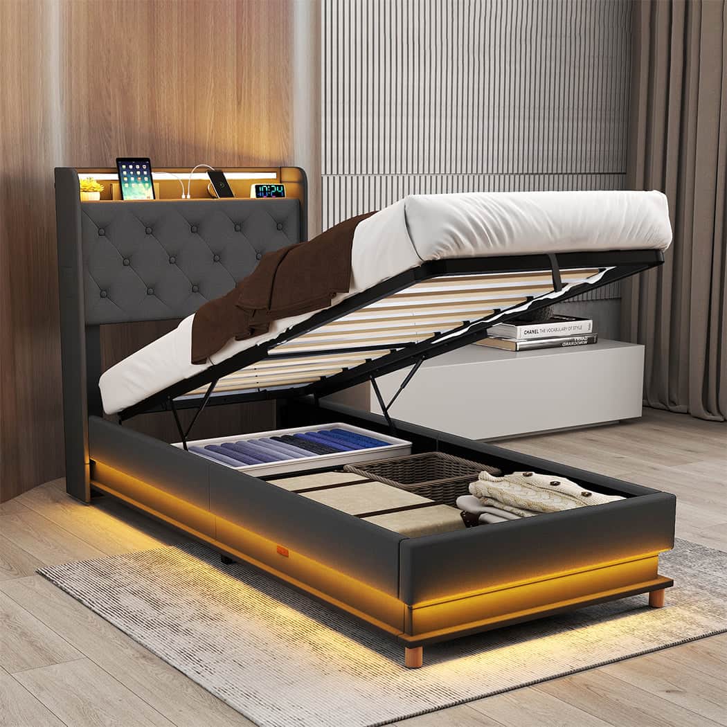 Contemporary Single Bed Frame Gas Lift Storage LED Light USB  Soft