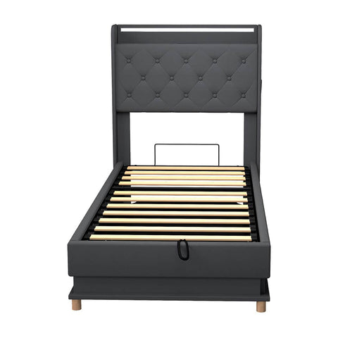 Contemporary Single Bed Frame Gas Lift Storage LED Light USB  Soft