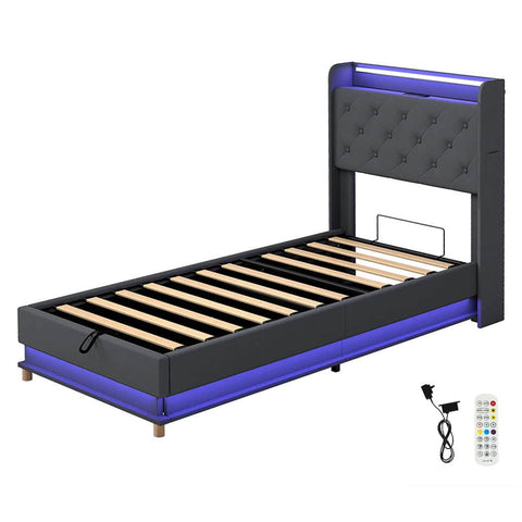 Contemporary Single Bed Frame Gas Lift Storage LED Light USB  Soft