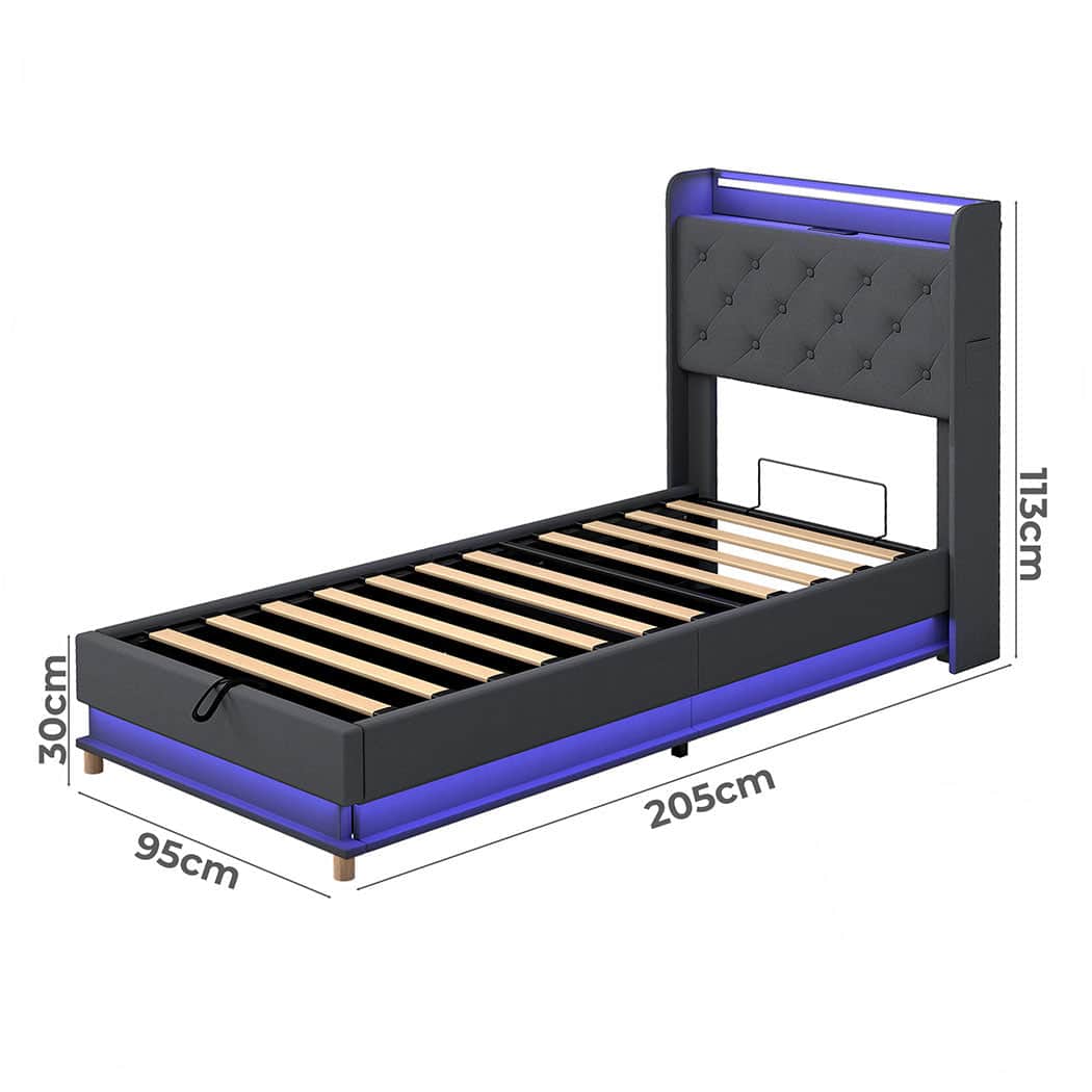 Contemporary Single Bed Frame Gas Lift Storage LED Light USB  Soft