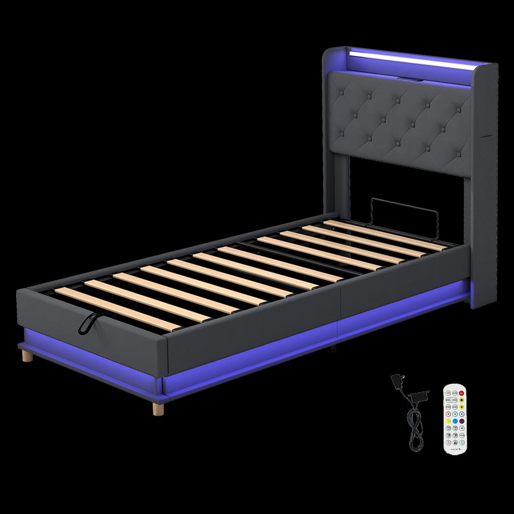 Single Bed Frame With Gas Lift Storage And LED Light USB Charging