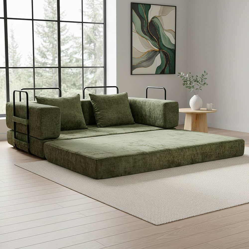 Convertible Loft Sofa Bed Futon Pull Out Couch Chenille Green