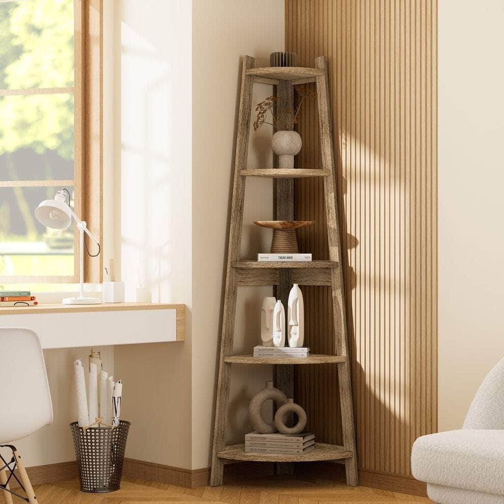 Corner Ladder Shelf 5 Tier Display Stand Bookshelf Natural