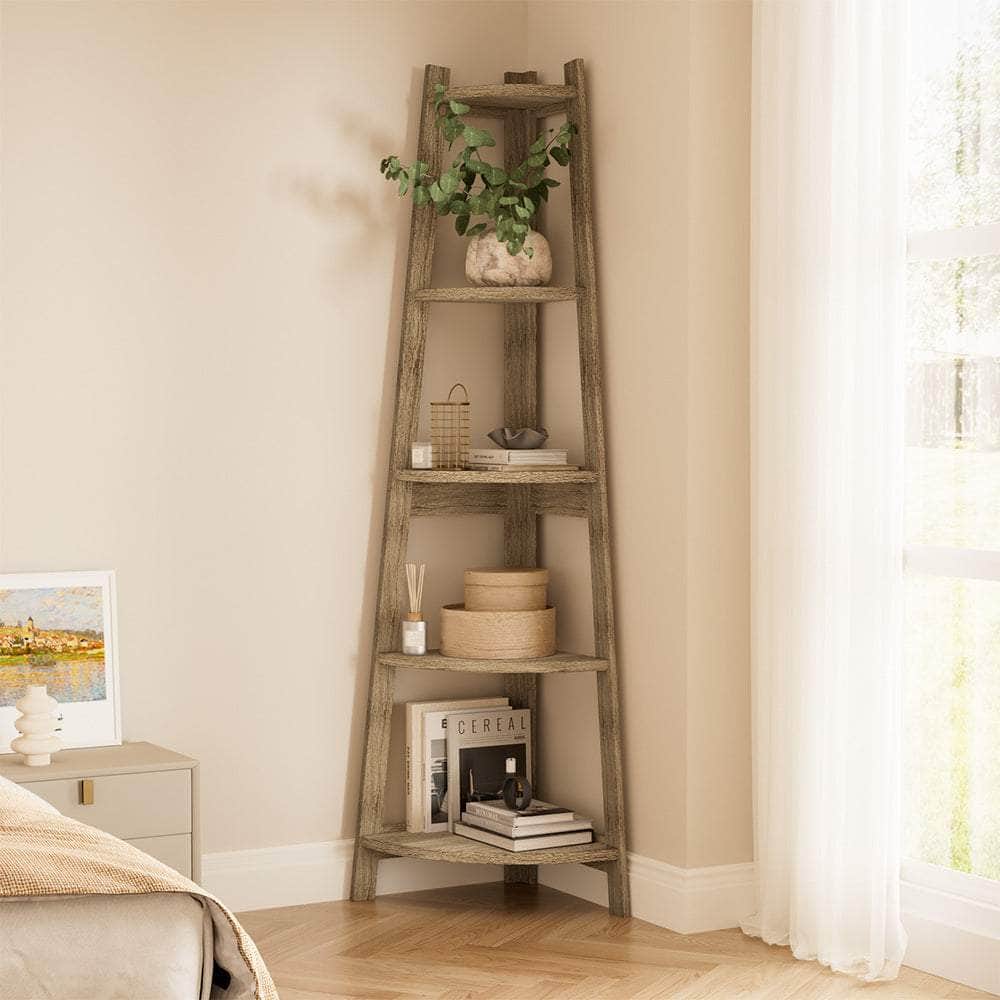 Corner Ladder Shelf 5 Tier Display Stand Bookshelf Natural
