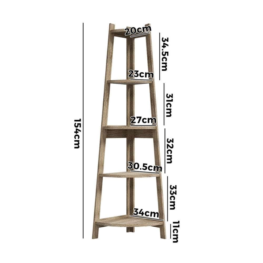 Corner Ladder Shelf 5 Tier Display Stand Bookshelf Natural