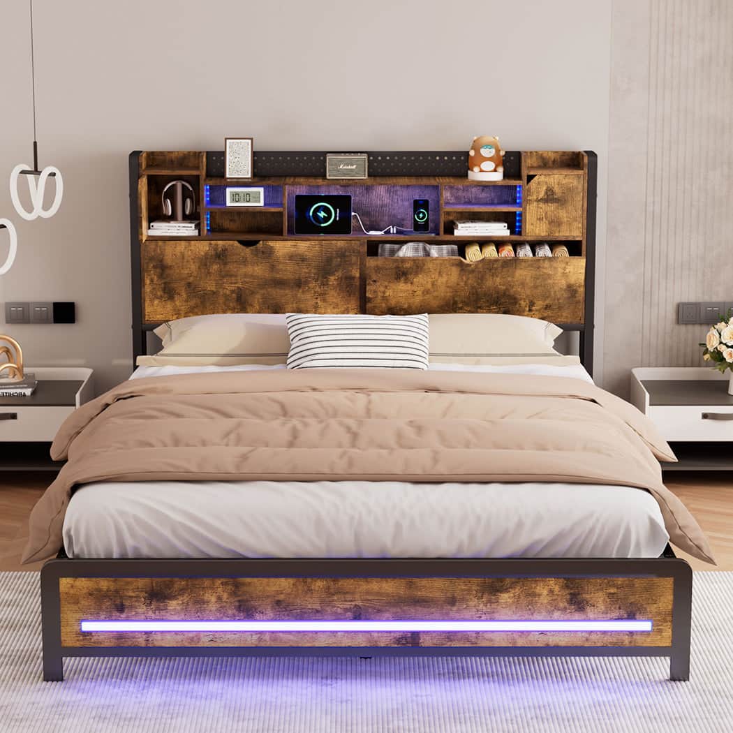 Cozy Double Bed Frame Storage Headboard Industrial  Sleek Modern Look