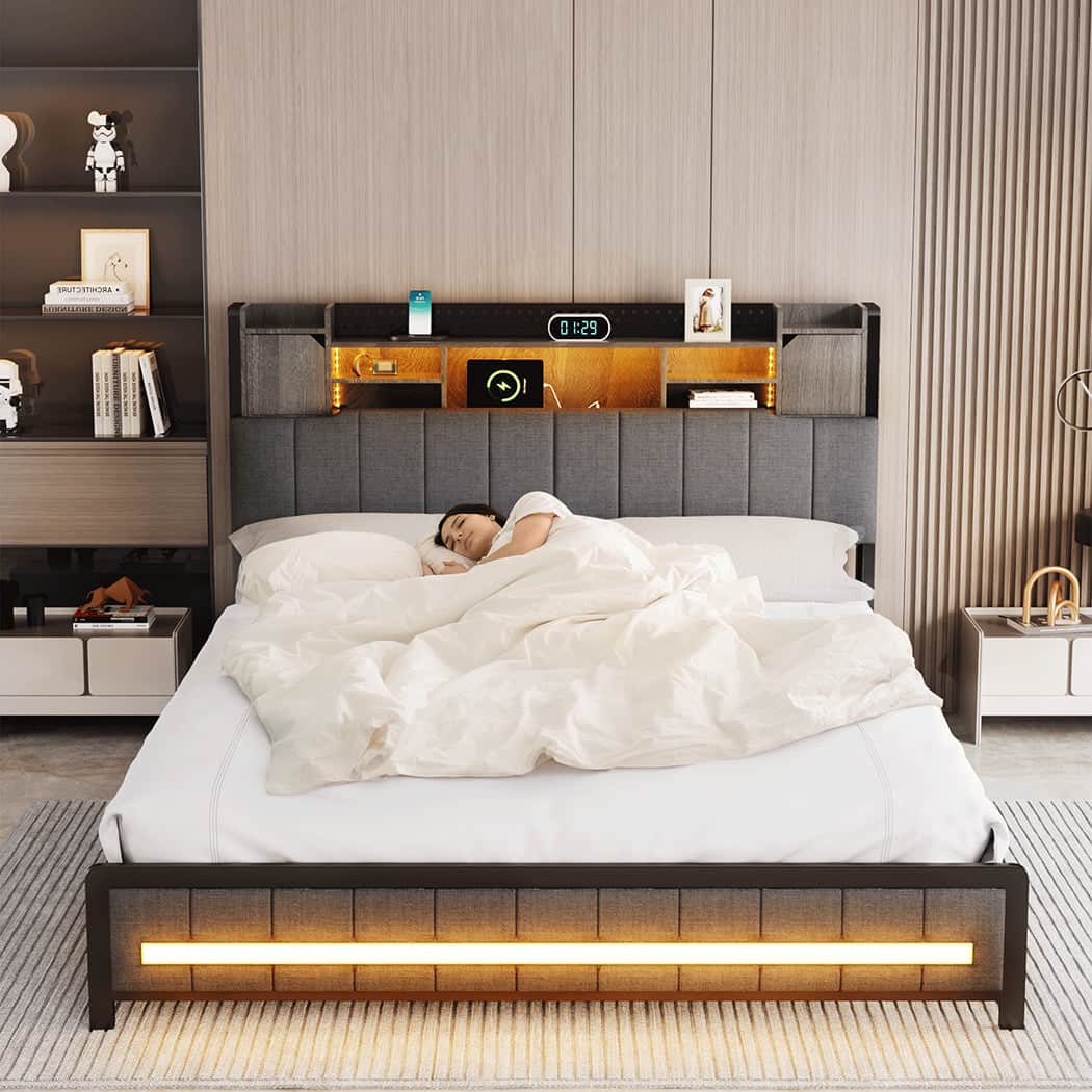 Cozy Double Bed Frame with Storage Headboard RGB LED  Easy Assembly