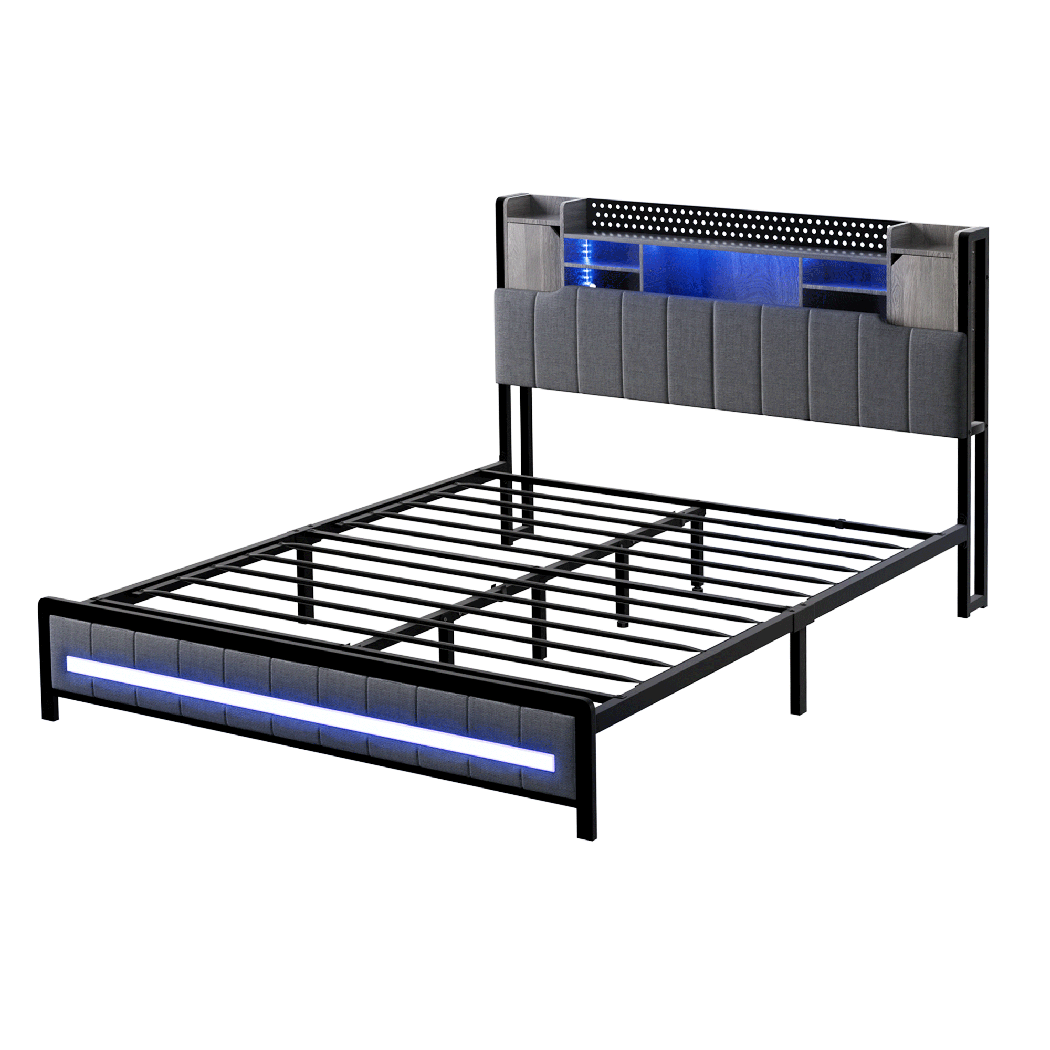 Cozy Double Bed Frame with Storage Headboard RGB LED  Easy Assembly