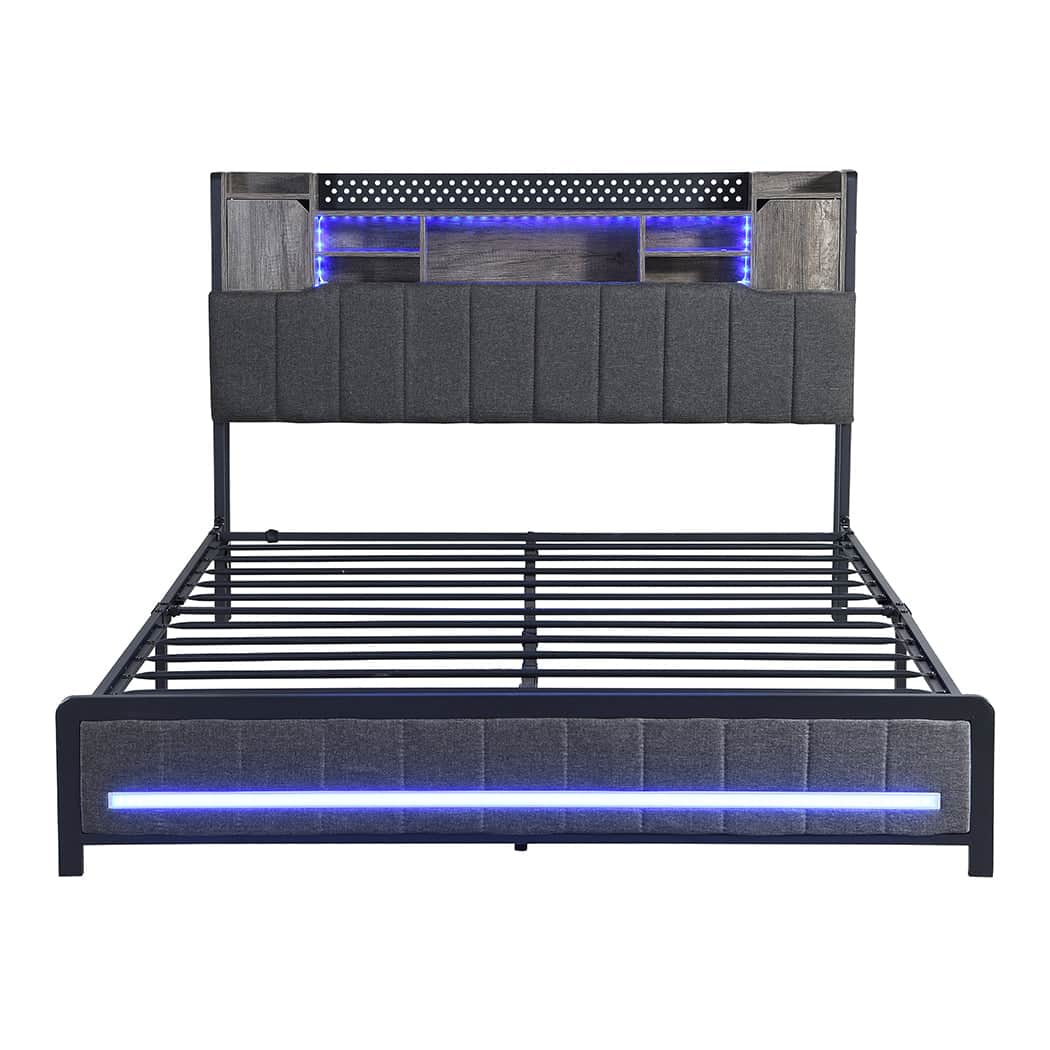 Cozy Double Bed Frame with Storage Headboard RGB LED  Easy Assembly