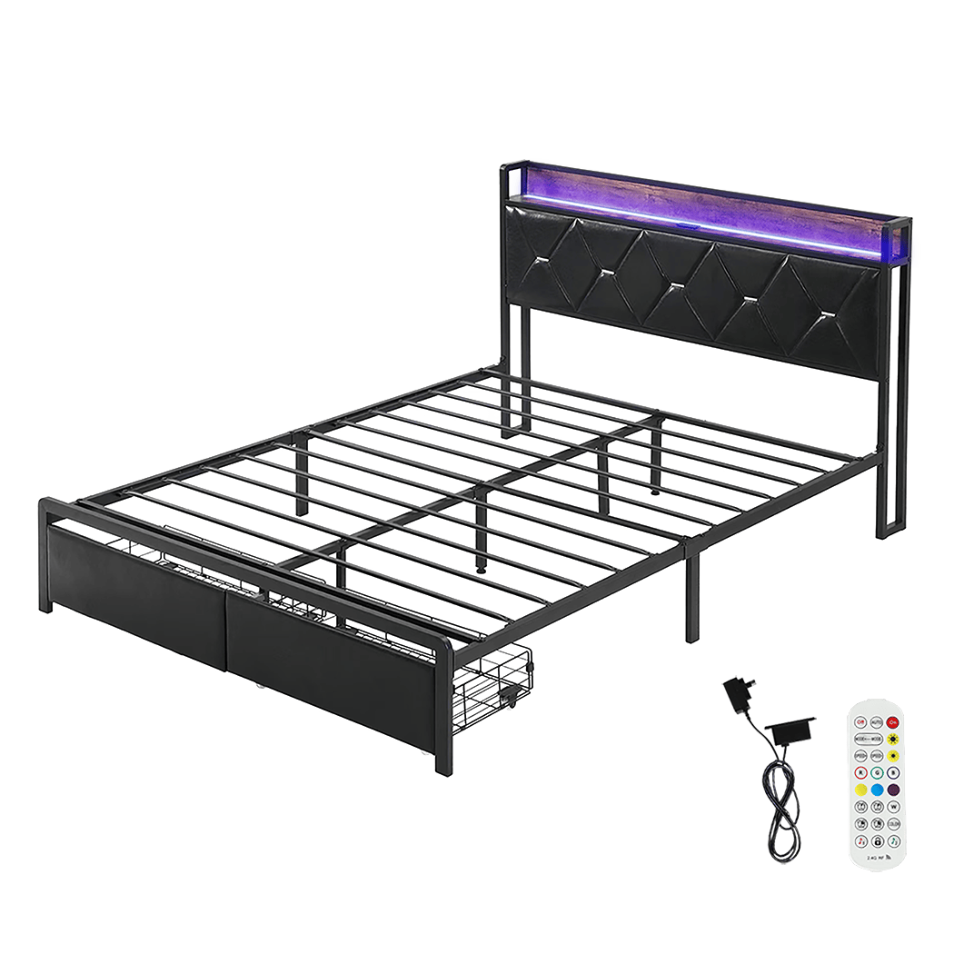 Cozy Queen Metal Bed Frame LED Lights 2 Drawers  Adjustable Height
