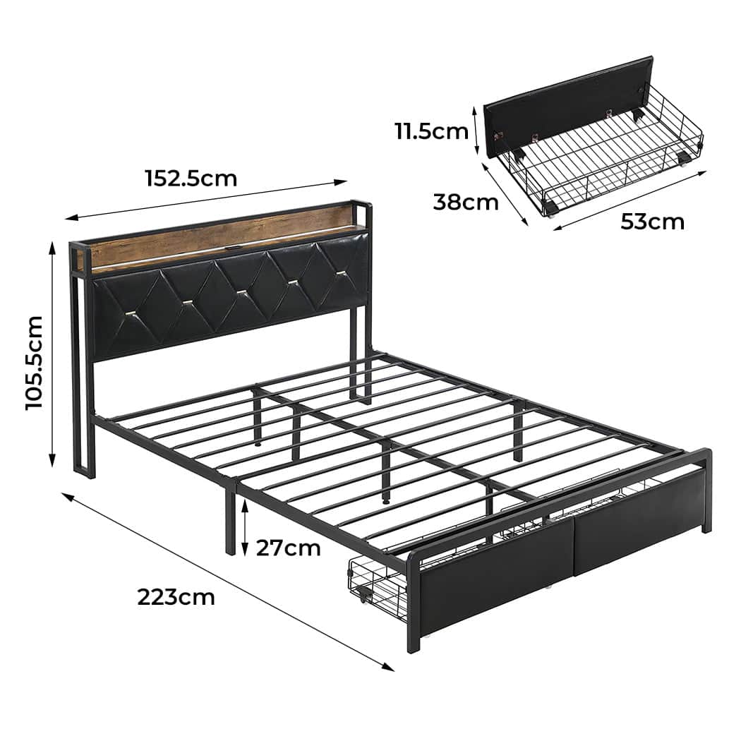 Cozy Queen Metal Bed Frame LED Lights 2 Drawers  Adjustable Height