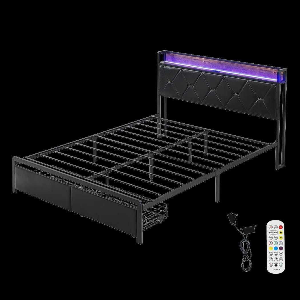Queen Metal Bed Frame With LED Lights And Storage Drawers | Metal finish