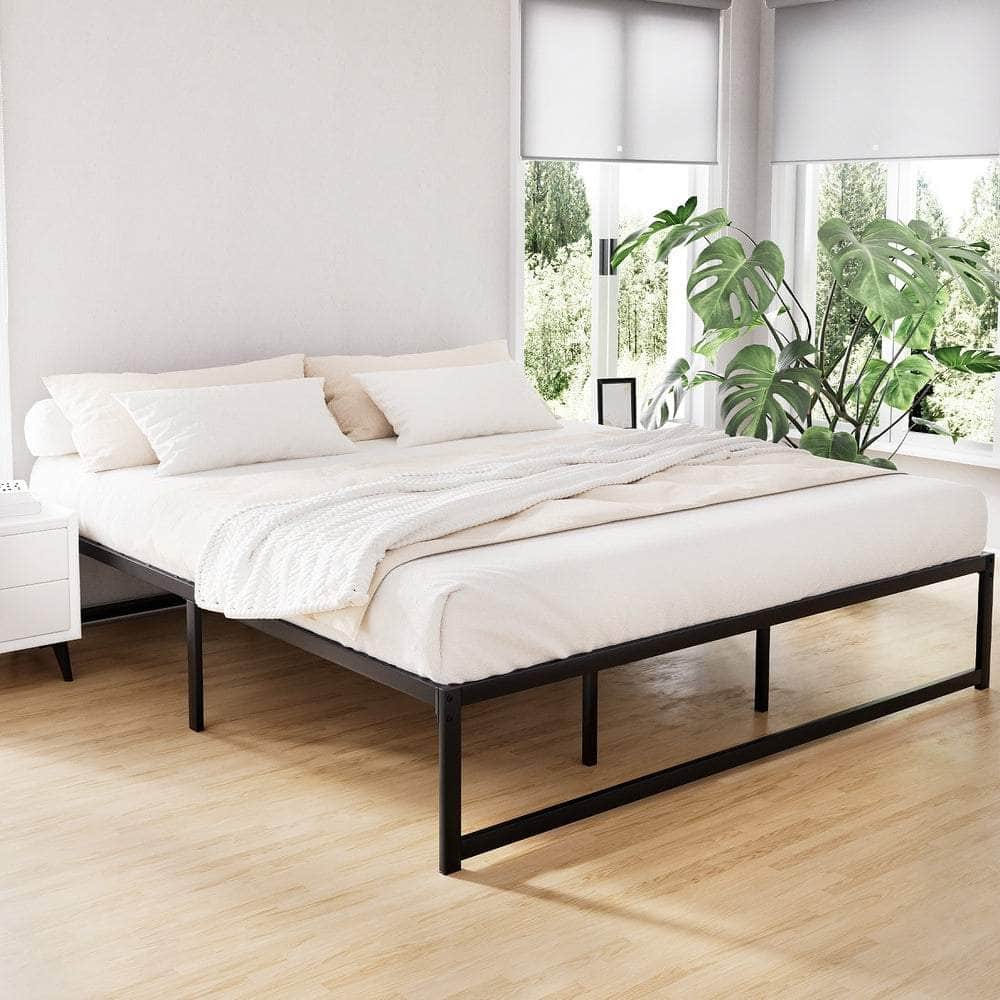 D/K/Q Size Metal Platform Bed Frame with Mattress - Black
