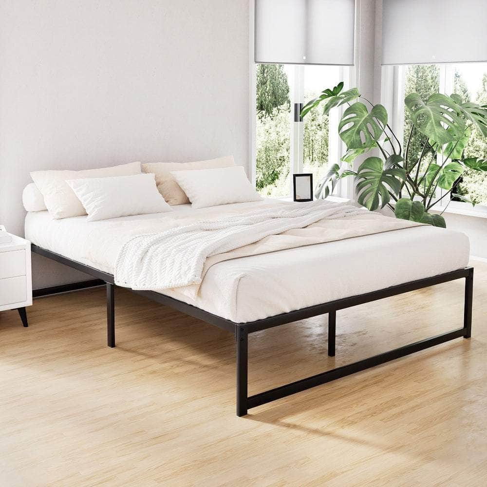 D/K/Q Size Metal Platform Bed Frame with Mattress - Black