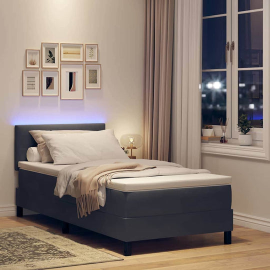 Fabric finish - Dark Grey and White Box Spring Bed Fabric with Foam Mattress and LED Headboard