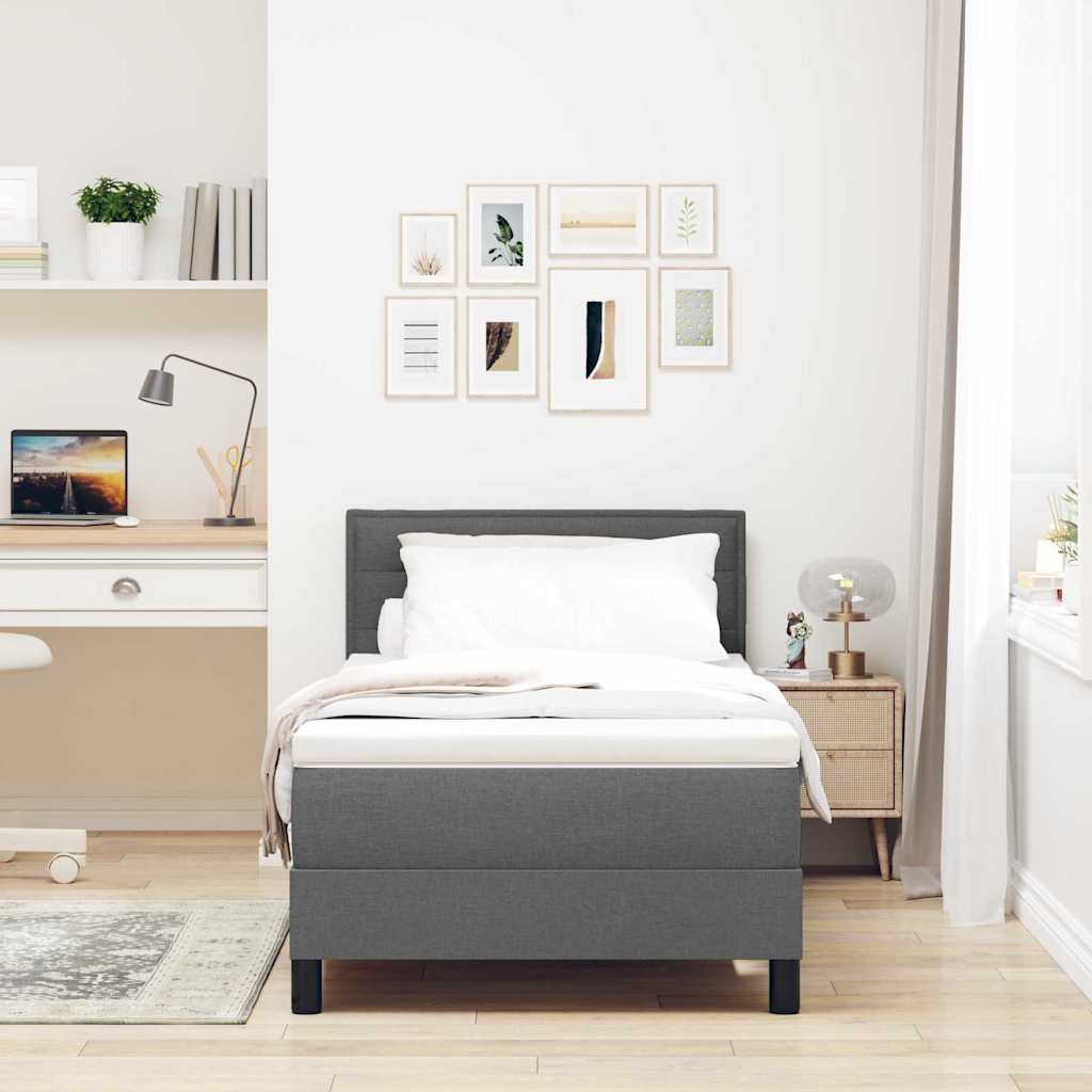 Dark Grey and White Fabric Box Spring Bed with Foam Mattress and LED Headboard